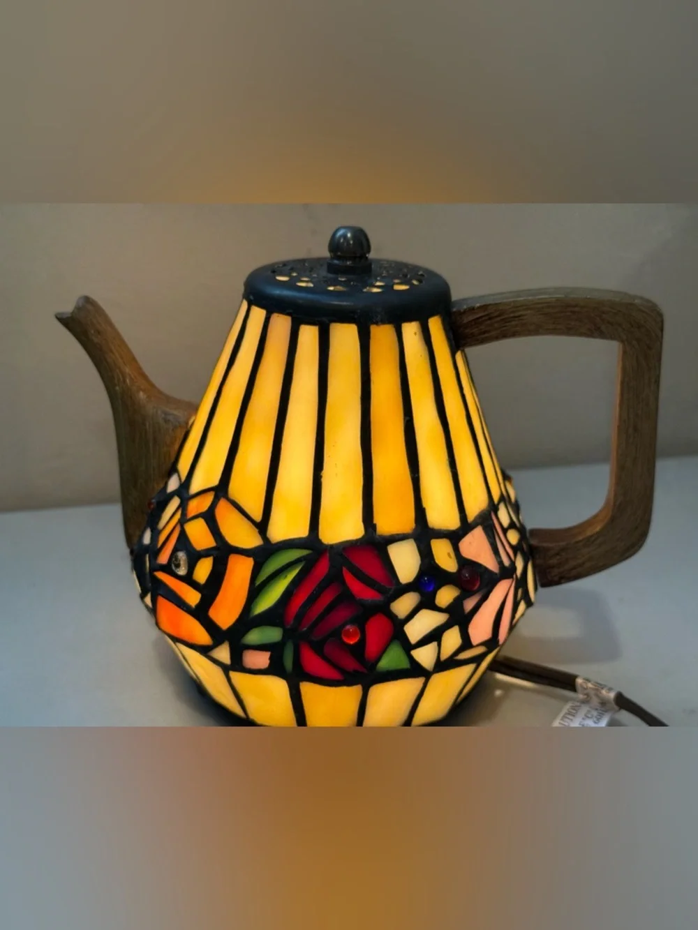 Vintage Tiffany Style Teapot Lamp Stained Glass Table Accent Lamp ~6.5”H Grandma